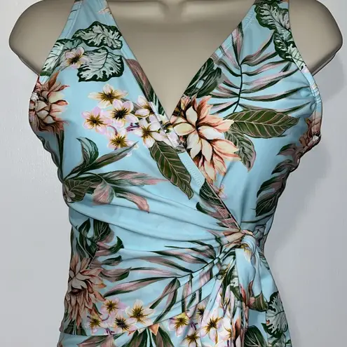 Beach Club Palisades  Blue Wrap Floral One Piece Swimsuit Women’s L Large