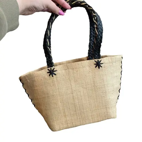 Annabel Ingal 100% Raffia Tote Bag Tan With Black Handles Handmade in Madagascar