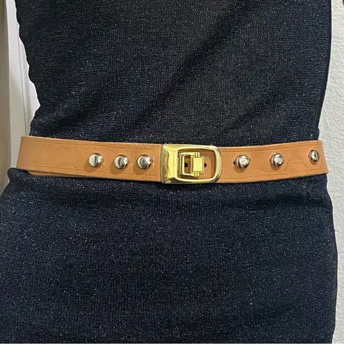 JP Long Horn Studded Brown Leather Gold Buckle Belt Waist 28”