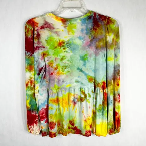 Wonderly Medium Top Confetti Cascade Tie Dye Handmade Peplum Green Pink 1152