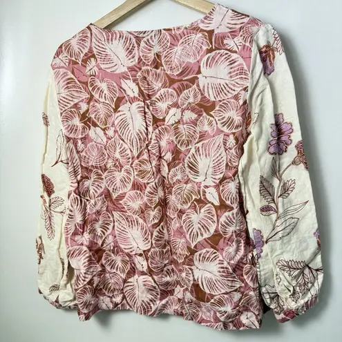 Tahari 100% Linen Blouse Womens S Botanical Tropical Puff Sleeve Beach Resort