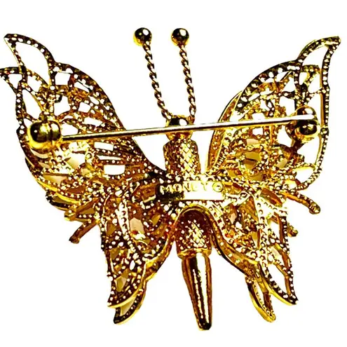 Monet Vintage  BUTTERFLY BROOCH Pin Gold Filigree 1-5/8” Double Wing Signed