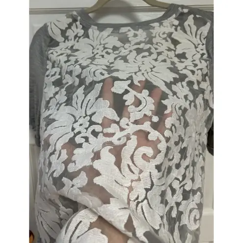 J.O.A. Los Angeles Lace Back Gray Front Tshirt Short Sleeve Crewneck Sheer Back S