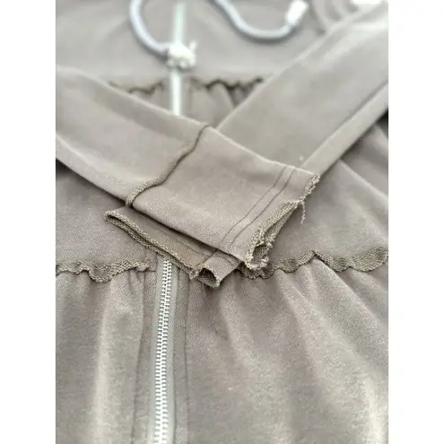 PaperMoon Womens Small Tiered Ruffled Zip Up Hooded Drawstring Top Brown Jacket