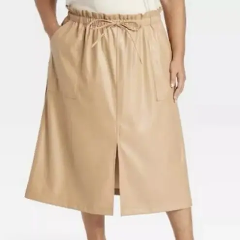 Ava & Viv Tan faux leather Midi Skirt Drawstring Waist Sz 3X NWT Neutrals Office