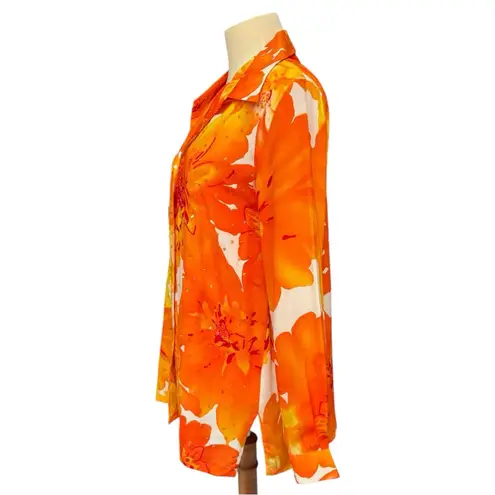 Diane Gilman 100% Silk Floral Sequin Blouse Orange Yellow Print Shirt Size M