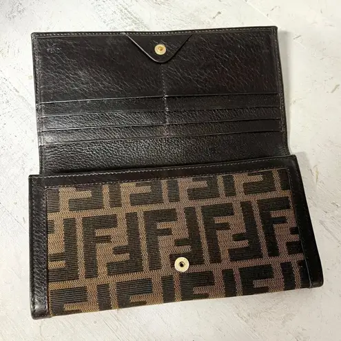 Fendi  Zucca Canvas and Leather Bi-Fold Continental Wallet Dark Brown/Tobacco