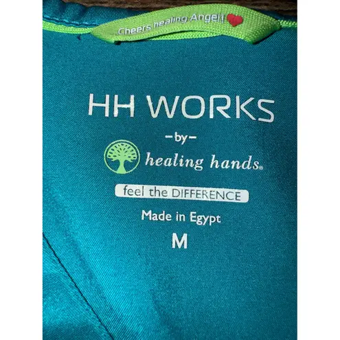 HH WORKS by Healing Hands Teal Scrub Top Short Sleeve Med "Cheers Healing Angel" Blue
