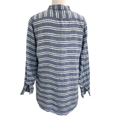 Garnet Hill 100% Linen Stripe Button Down Shirt Tunic Nautical Blue Petite Small
