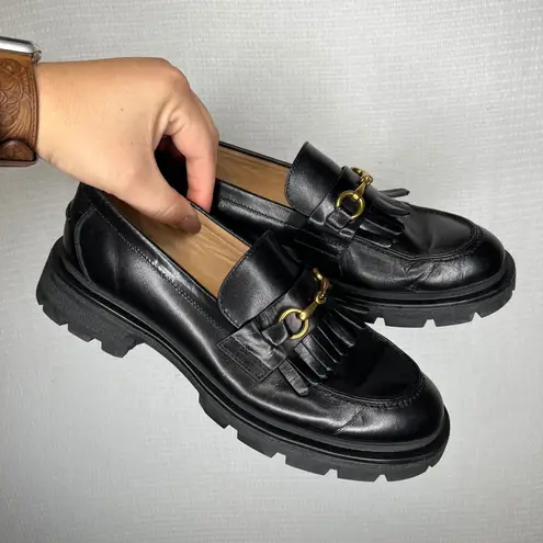 Journey West Black Leather Lug Sole Loafers Fringe Gold Hardware