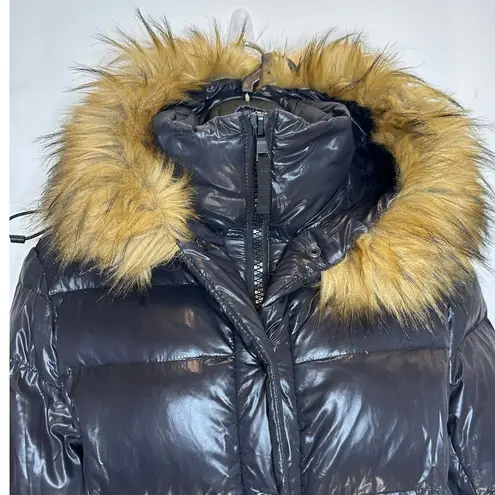 S13 New York Women's gloss chalet jet Puffer down & Feather Jacket Faux Fur Hood Black Size M