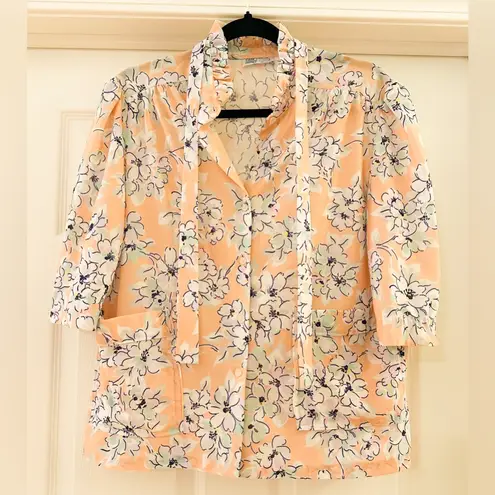 Cape Cod Match Mates Vintage Floral Ruffle Tie Collar Button Up Short Sleeve Top Orange Size M