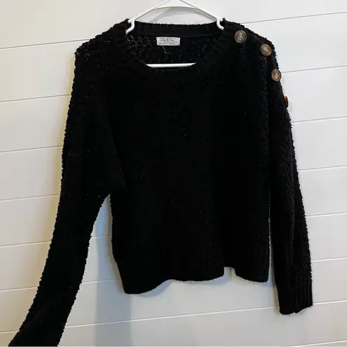 Classic Black Crew Neck Sweater Jolie & Joy Open Knit Button Accents Size M