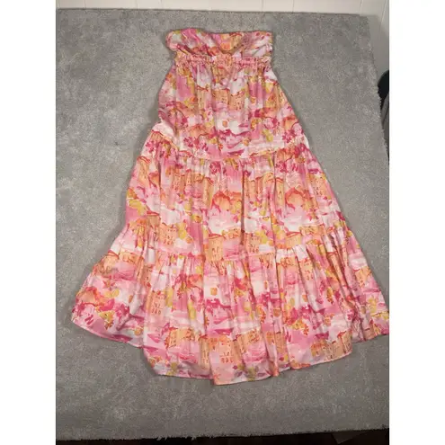 Women's Rnwy Dress Beautiful Strapless Printed Pink Yellow Long Maxi 6 Medium