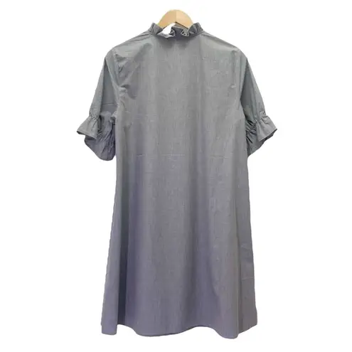 Ming Wang Cotton Shift Dress Size Small Ruffle Sleeve Gray V-Neck Poplin Unlined