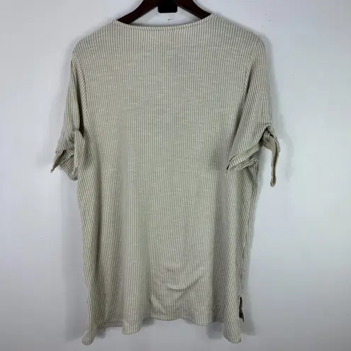 French Laundry French Laundry Blouse Plus 2X Beige Stripe Neutral Tie Sleeve Coastal Preppy