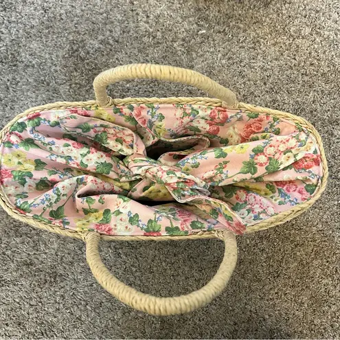 Mark & Graham x Sanderson woven straw rattan floral fabric tie top basket tote Tan