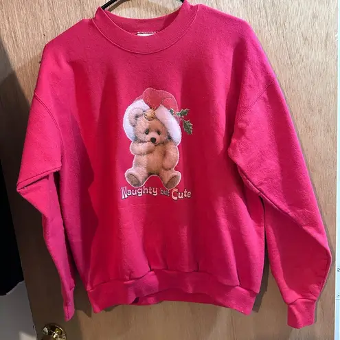 Hanes Naughty But Cute Christmas Teddy Bear Holiday Crewneck Sweater Size Medium Red