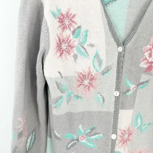 Floral Cottagecore Knit Cardigan Sweater Womens Grannycore Pastel Vintage Gray Size XL