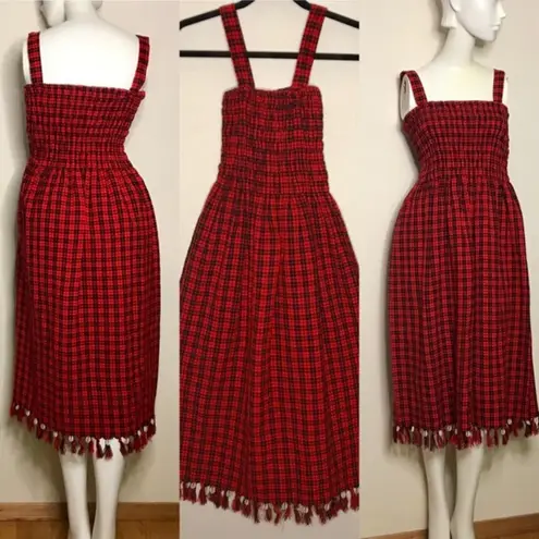 Handmade Real Seashell Fringe Hem Plaid Shirring Dress Red