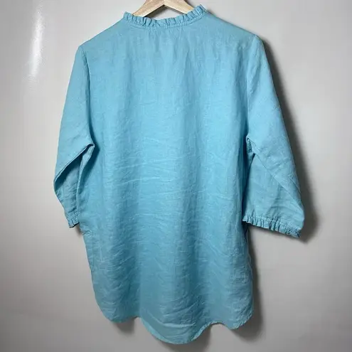 For Cynthia Top Linen Turquoise Blue Ruffle Pockets Lagen Beachy Tropical Small