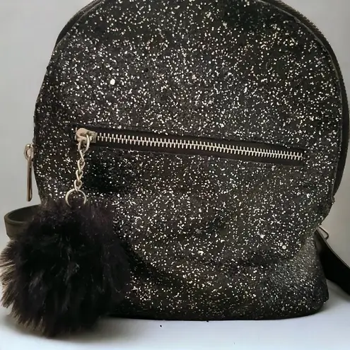 Black Glitter Faux Leather Mini Backpack with Pom