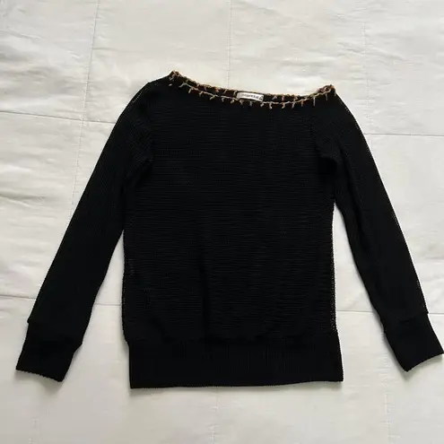 Black open knit off the shoulder sweater with tan blanket stitching Size XS