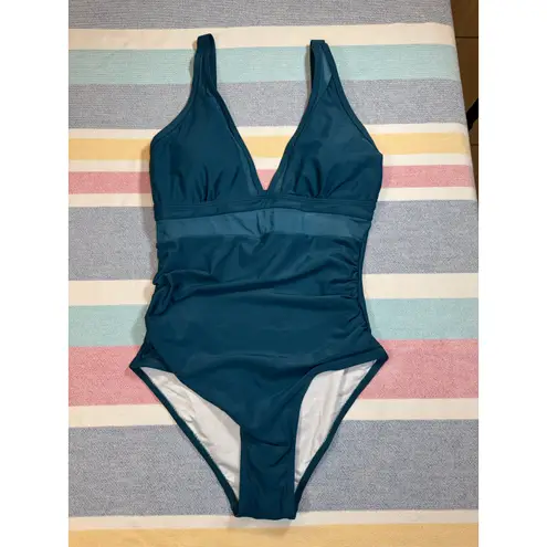 None NWOT Teal Mesh Panel One-Piece Swimsuit | V-Neck | Adjustable Straps | Sz Small