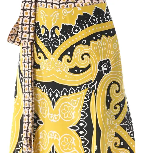 NWT Etro Silk Yellow & Black Pattern Knee Length Skirt w/ Tie Detail Size 6