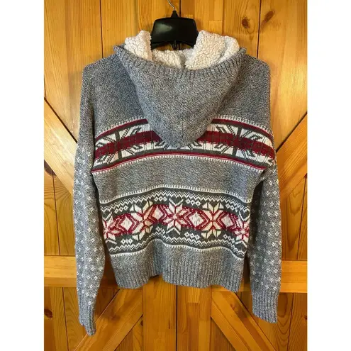 Yes Lola Hooded Cropped Knit Sweater Gray Lined Hood Pom Poms Size Large (5365)