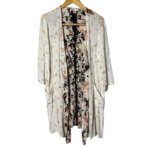 Band of Gypsies  Multi Floral Duster Cardigan Open Front Midi 3/4 Sleeve Medium