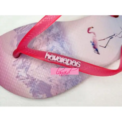 Havaianas Slim Paisage Flip Flops Pink Flamingo Mountains Sea Thong Flat Sandals