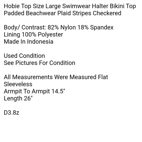 Hobie Top Size Large Swimwear Halter Bikini Top Padded Beachwear Plaid Stripes Checkered