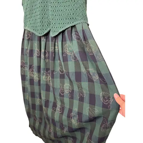 Vintage Miss Dorby Dress Green Plaid Floral Crochet Vest Layered Look Sz 12