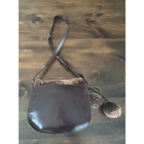 Patricia Nash Leather Sherpa Brown Shoulder Bag Crossbody Pom Pom Accents Cute