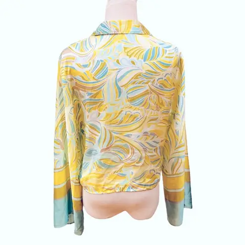 Stitch Fix Satin Blouse Tie Front Statement Sleeves Yellow Green Aqua L 70s