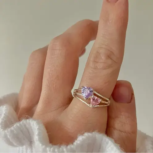 Double Heart Pink Purple Promise Ring Vintage “Jolie” Silver Triple Shank Femme Jewelry
