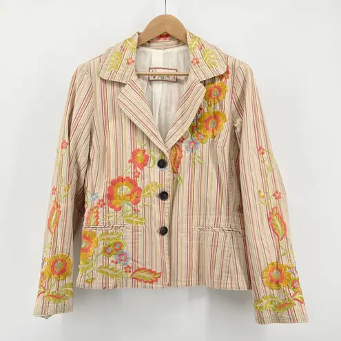 Johnny Was Striped Embroidered Floral Blazer Jacket Women's Small Cotton Boho
