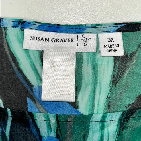 Susan Graver Size 3X Black - Blue & Green Feather Print Poncho Scarf Blouse Top