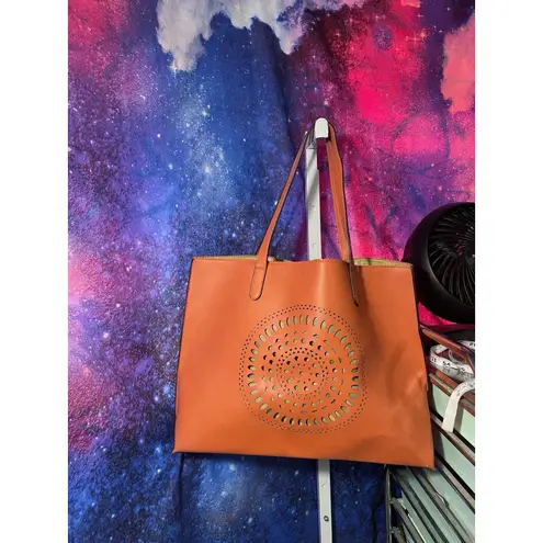 Neiman Marcus Boho Western Orange Tote Bag Laser Cut Medallion Handbag