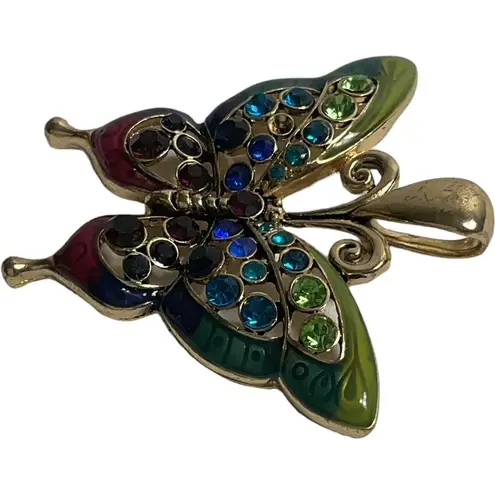 Multi Colored Enamel Gold Tone Butterfly with Multi Colored Rhinestone Pendant