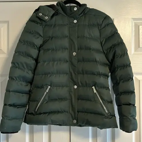 NUX Women’s Dark Green Removable Hood Puffer Zipper Jacket Size M Silver Size M