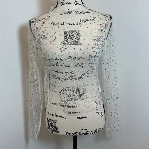 Mesh Top Sheer Long Sleeve Colorful Dots Party Club Layering Top Medium White