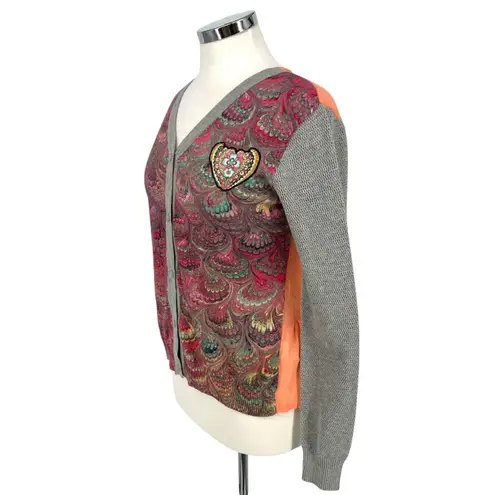 Desigual Printed Cardigan Heart Accent Sweater Sheer Back Size Medium