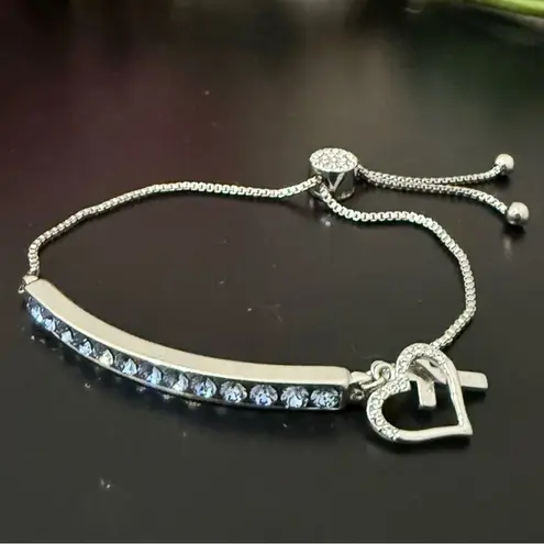BRILLIANCE Blue Crystal Heart & Cross Bar Beyond Blessed Adjustable Bracelet 10g Silver