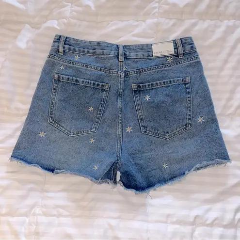 Marshalls Khaki + Blue Daisy Embroidered Denim Shorts