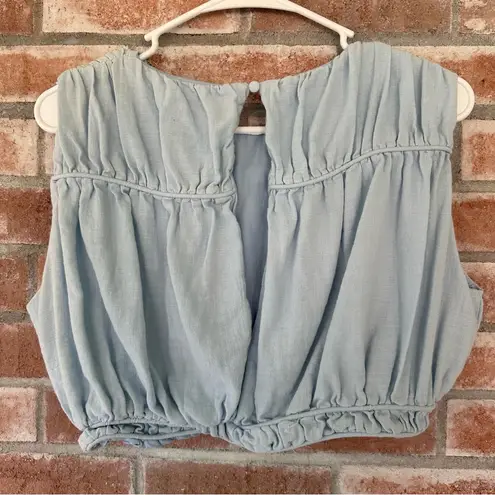 Girl And The Sun Collette Crop Top High Neck Keyhole Back Women’s XL Blue Ruffle