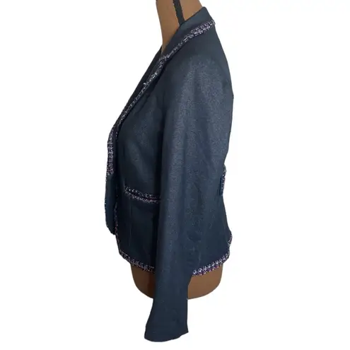 7th Avenue New York & Co denim like tweed ribbon trimmed tailored blazer size S Blue