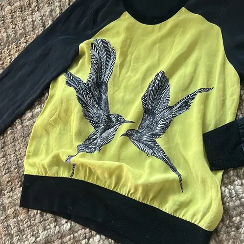 Fifteen Twenty Black and Yellow Sheer Bird Print LS Blouse Size Small