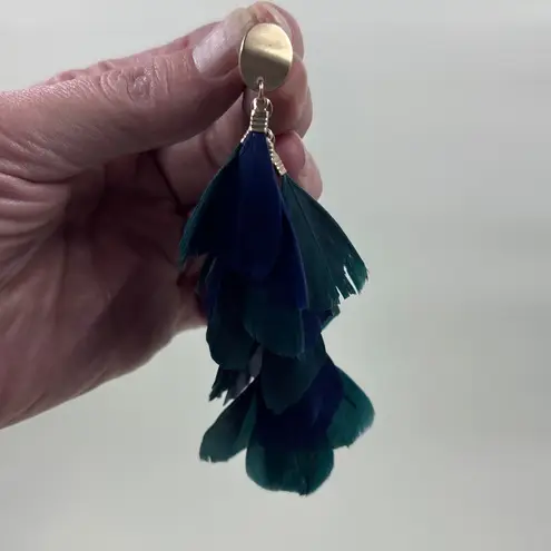 Boho Feather Dangle Earrings Green Navy Blue Gold Tone Statement